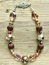 Load image into Gallery viewer, Ribbons of Chocolate Statement Necklace, Big beaded jewelry Single Strand Geometric Brown Bib bridesmaid wedding geometric pink gold silver