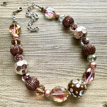 Load image into Gallery viewer, Ribbons of Chocolate Statement Necklace, Big beaded jewelry Single Strand Geometric Brown Bib bridesmaid wedding geometric pink gold silver