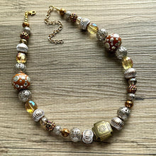 Load image into Gallery viewer, Cinnamon Statement Necklace, fall colors silver Gold Necklace, 1 Strand Statement necklace, vintage mixed metallic chunky orange