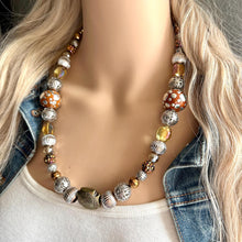 Load image into Gallery viewer, Cinnamon Statement Necklace, fall colors silver Gold Necklace, 1 Strand Statement necklace, vintage mixed metallic chunky orange
