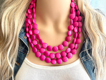 Load image into Gallery viewer, Flutter Bead pink Necklace, 3 Strand Statement Jewelry, magenta pink Chunky bib bridesmaid, hot pink jewelry, dark pink necklace earring set