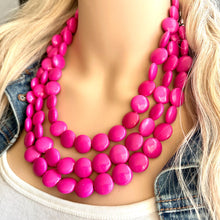 Load image into Gallery viewer, Flutter Bead pink Necklace, 3 Strand Statement Jewelry, magenta pink Chunky bib bridesmaid, hot pink jewelry, dark pink necklace earring set