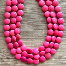 Load image into Gallery viewer, Flutter Bead pink Necklace, 3 Strand Statement Jewelry, magenta pink Chunky bib bridesmaid, hot pink jewelry, dark pink necklace earring set