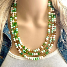 Load image into Gallery viewer, St. Patrick’s Day Gold & Green Statement Necklace, 3 strand forest, dark green Jewelry, glass beaded jewelry, multi strand green necklace