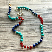 Load image into Gallery viewer, Natural Gemstone Aqua Long Beaded 1 strand Statement Necklace, Chunky Bib Single Jewelry stone jewelry, layering royal blue turquoise maroon