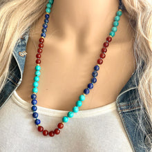Load image into Gallery viewer, Natural Gemstone Aqua Long Beaded 1 strand Statement Necklace, Chunky Bib Single Jewelry stone jewelry, layering royal blue turquoise maroon
