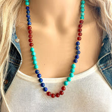 Load image into Gallery viewer, Natural Gemstone Aqua Long Beaded 1 strand Statement Necklace, Chunky Bib Single Jewelry stone jewelry, layering royal blue turquoise maroon