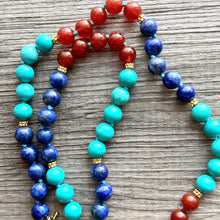 Load image into Gallery viewer, Natural Gemstone Aqua Long Beaded 1 strand Statement Necklace, Chunky Bib Single Jewelry stone jewelry, layering royal blue turquoise maroon