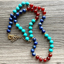 Load image into Gallery viewer, Natural Gemstone Aqua Long Beaded 1 strand Statement Necklace, Chunky Bib Single Jewelry stone jewelry, layering royal blue turquoise maroon