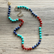 Load image into Gallery viewer, Natural Gemstone Aqua Long Beaded 1 strand Statement Necklace, Chunky Bib Single Jewelry stone jewelry, layering royal blue turquoise maroon