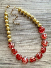 Load image into Gallery viewer, Gold & Red Jewel Statement Necklace, Chunky 1 Strand Jewelry, gold red necklace, glass bib beaded necklace thick collar bead lampwork