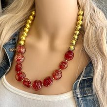 Load image into Gallery viewer, Gold & Red Jewel Statement Necklace, Chunky 1 Strand Jewelry, gold red necklace, glass bib beaded necklace thick collar bead lampwork