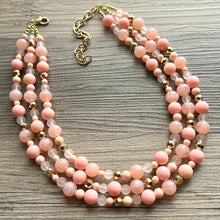 Load image into Gallery viewer, Coral & Peach 3 Strand Coral Necklace, multi strand bright pink jewelry, big beaded chunky necklace, gold statement geometric peach
