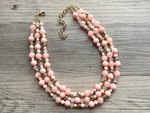 Load image into Gallery viewer, Coral & Peach 3 Strand Coral Necklace, multi strand bright pink jewelry, big beaded chunky necklace, gold statement geometric peach