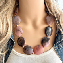 Load image into Gallery viewer, Blush Pink & Brown Swirl Chunky Statement Necklace, Big beaded jewelry, single Strand Statement, Bib bridesmaid wedding chocolate