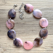 Load image into Gallery viewer, Blush Pink & Brown Swirl Chunky Statement Necklace, Big beaded jewelry, single Strand Statement, Bib bridesmaid wedding chocolate