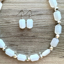 Load image into Gallery viewer, White & silver necklace, statement necklace, white jewelry, big beaded single strand chunky necklace, white chunky statement jewelry gray