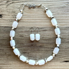Load image into Gallery viewer, White & silver necklace, statement necklace, white jewelry, big beaded single strand chunky necklace, white chunky statement jewelry gray