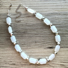 Load image into Gallery viewer, White & silver necklace, statement necklace, white jewelry, big beaded single strand chunky necklace, white chunky statement jewelry gray