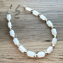 Load image into Gallery viewer, White & silver necklace, statement necklace, white jewelry, big beaded single strand chunky necklace, white chunky statement jewelry gray