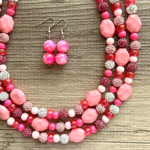 Load image into Gallery viewer, Bubblegum Pink Statement Necklace, swirled white magenta Chunky Jewelry Big Beaded 3 Strand Necklace Bib Preppy Jewelry pearl glass