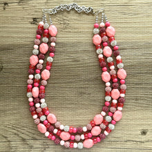 Load image into Gallery viewer, Bubblegum Pink Statement Necklace, swirled white magenta Chunky Jewelry Big Beaded 3 Strand Necklace Bib Preppy Jewelry pearl glass
