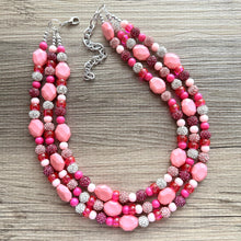 Load image into Gallery viewer, Bubblegum Pink Statement Necklace, swirled white magenta Chunky Jewelry Big Beaded 3 Strand Necklace Bib Preppy Jewelry pearl glass