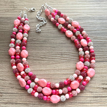 Load image into Gallery viewer, Bubblegum Pink Statement Necklace, swirled white magenta Chunky Jewelry Big Beaded 3 Strand Necklace Bib Preppy Jewelry pearl glass