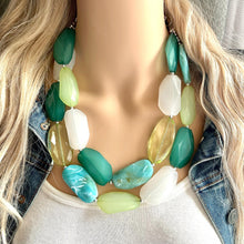 Load image into Gallery viewer, Gem of the Jungle Statement Necklace, Chunky Jewelry Big Beaded Necklace, light green Necklace, olive Jewelry bubble 2 strand turquoise