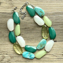 Load image into Gallery viewer, Gem of the Jungle Statement Necklace, Chunky Jewelry Big Beaded Necklace, light green Necklace, olive Jewelry bubble 2 strand turquoise