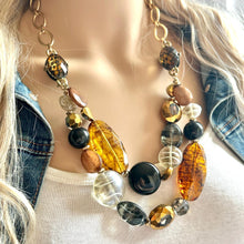 Load image into Gallery viewer, Vintage Glam Geometric Necklace, Long 2 Strand Statement Jewelry, everyday black gold animal print leopard brown golden
