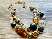 Load image into Gallery viewer, Vintage Glam Geometric Necklace, Long 2 Strand Statement Jewelry, everyday black gold animal print leopard brown golden