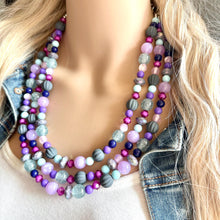 Load image into Gallery viewer, Purple & Blue statement necklace, chunky bib necklace, beaded jewelry lavender necklace, 3 strand gray white black jewelry periwinkle pink