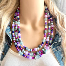 Load image into Gallery viewer, Purple & Blue statement necklace, chunky bib necklace, beaded jewelry lavender necklace, 3 strand gray white black jewelry periwinkle pink