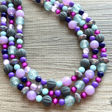 Load image into Gallery viewer, Purple & Blue statement necklace, chunky bib necklace, beaded jewelry lavender necklace, 3 strand gray white black jewelry periwinkle pink