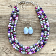 Load image into Gallery viewer, Purple & Blue statement necklace, chunky bib necklace, beaded jewelry lavender necklace, 3 strand gray white black jewelry periwinkle pink