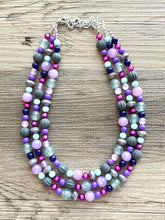 Load image into Gallery viewer, Purple & Blue statement necklace, chunky bib necklace, beaded jewelry lavender necklace, 3 strand gray white black jewelry periwinkle pink