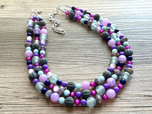 Load image into Gallery viewer, Purple & Blue statement necklace, chunky bib necklace, beaded jewelry lavender necklace, 3 strand gray white black jewelry periwinkle pink
