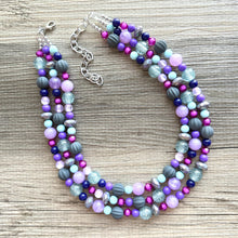 Load image into Gallery viewer, Purple & Blue statement necklace, chunky bib necklace, beaded jewelry lavender necklace, 3 strand gray white black jewelry periwinkle pink
