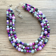 Load image into Gallery viewer, Purple & Blue statement necklace, chunky bib necklace, beaded jewelry lavender necklace, 3 strand gray white black jewelry periwinkle pink