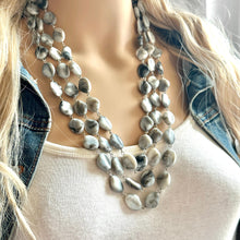 Load image into Gallery viewer, Gray Ombré Chunky Statement Necklace, Tie Dye multi Strand Beaded Jewelry, 3 strand chunky bib silver white black bead