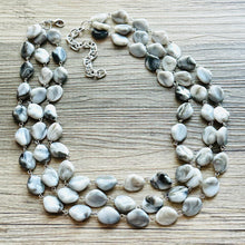 Load image into Gallery viewer, Gray Ombré Chunky Statement Necklace, Tie Dye multi Strand Beaded Jewelry, 3 strand chunky bib silver white black bead
