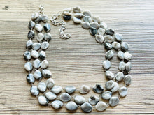 Load image into Gallery viewer, Gray Ombré Chunky Statement Necklace, Tie Dye multi Strand Beaded Jewelry, 3 strand chunky bib silver white black bead