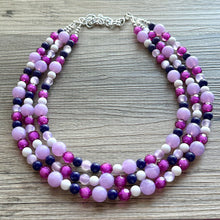 Load image into Gallery viewer, Chunky Purple Beaded Necklace, Lavender Multi Strand Acrylic Beaded Jewelry, navy blue jewelry set, big bead light purple pink 3 strands