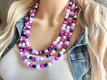Load image into Gallery viewer, Chunky Purple Beaded Necklace, Lavender Multi Strand Acrylic Beaded Jewelry, navy blue jewelry set, big bead light purple pink 3 strands