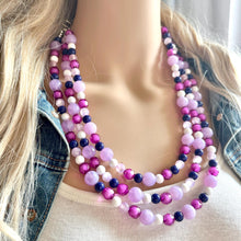Load image into Gallery viewer, Chunky Purple Beaded Necklace, Lavender Multi Strand Acrylic Beaded Jewelry, navy blue jewelry set, big bead light purple pink 3 strands