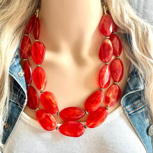 Load image into Gallery viewer, Big Bead red Necklace, Double Strand Statement Jewelry, bright lipstick red Chunky bib bridesmaid, red jewelry, red necklace beaded