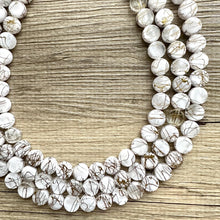 Load image into Gallery viewer, Crossed Paths Necklace, Gold Clear Resin & White Necklace multi strand jewelry, big bib beaded chunky statement, bridesmaid necklace