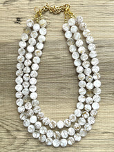 Load image into Gallery viewer, Crossed Paths Necklace, Gold Clear Resin & White Necklace multi strand jewelry, big bib beaded chunky statement, bridesmaid necklace