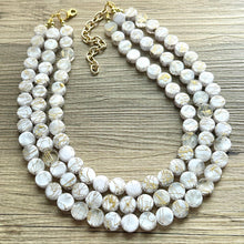 Load image into Gallery viewer, Crossed Paths Necklace, Gold Clear Resin & White Necklace multi strand jewelry, big bib beaded chunky statement, bridesmaid necklace